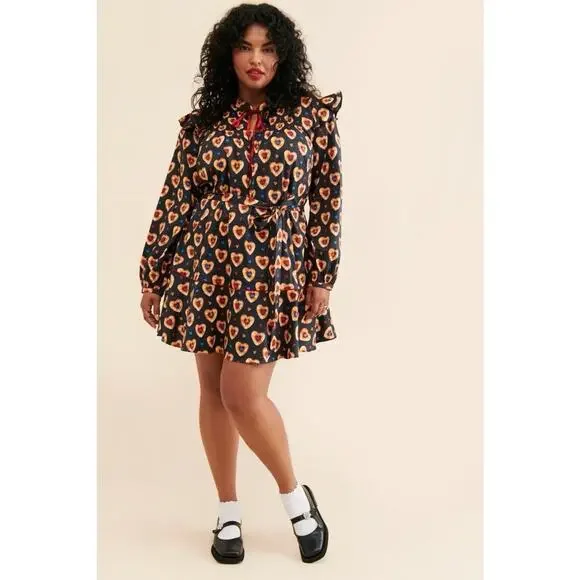 Rachel Antonoff Long Sleeve Mini Laura Dress 100% Cotton Heart Cookies Tie Neck - Picture 2 of 12